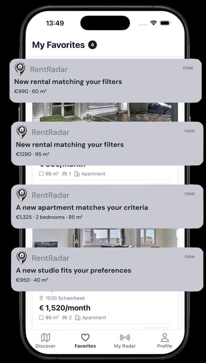 RentRadar app showing rental notifications